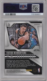 Victor Wembanyama from the 2024-25 Panini Prizm set featuring a Glitter parallel graded by PSA and given an overall grade of 10.