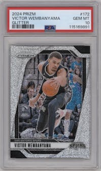 Victor Wembanyama from the 2024-25 Panini Prizm set featuring a Glitter  parallel graded by PSA and given an overall grade of 10.