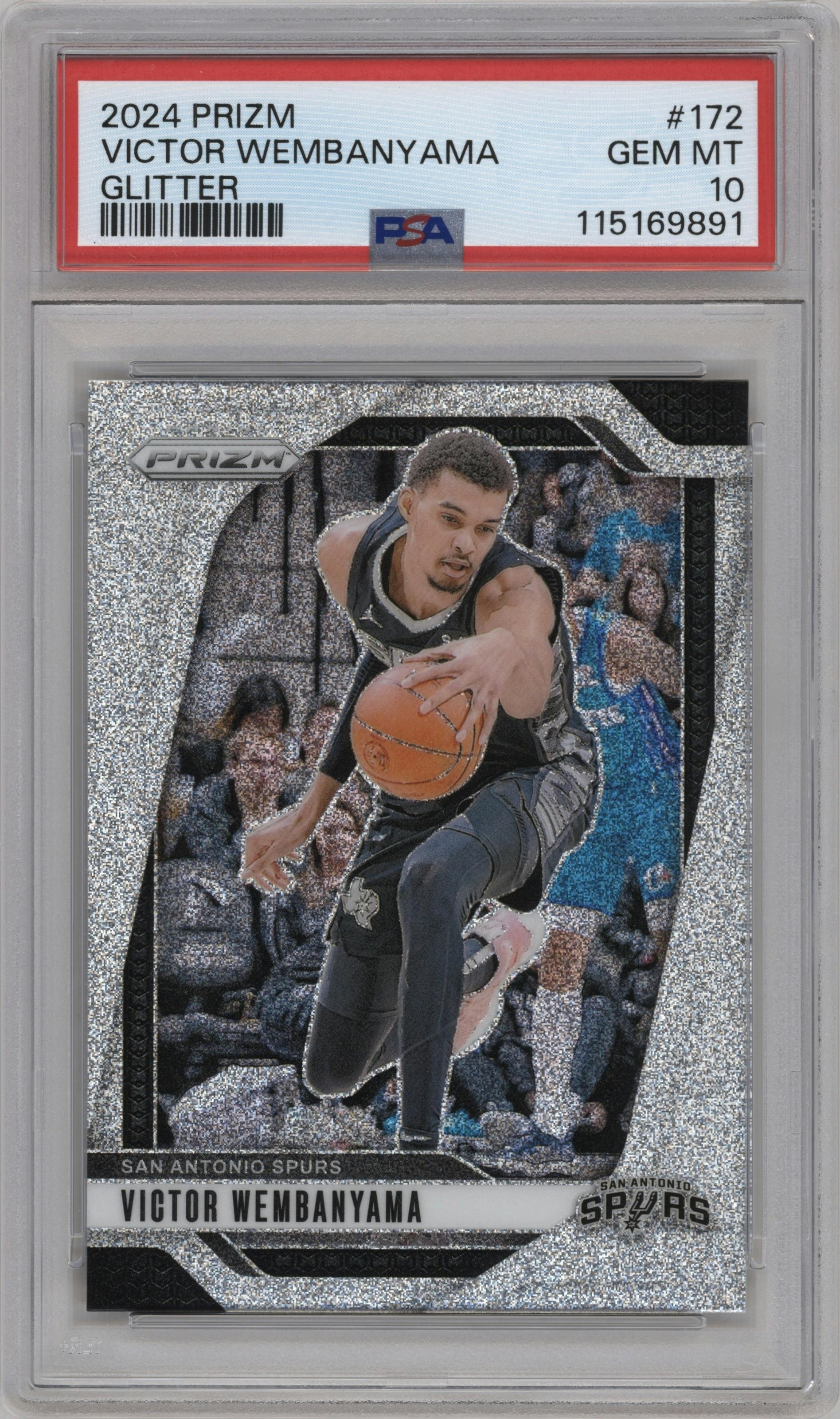 Victor Wembanyama from the 2024-25 Panini Prizm set featuring a Glitter  parallel graded by PSA and given an overall grade of 10.
