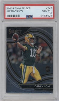 Jordan Love from the 2020 Panini Select set graded by PSA and given an overall grade of 10.