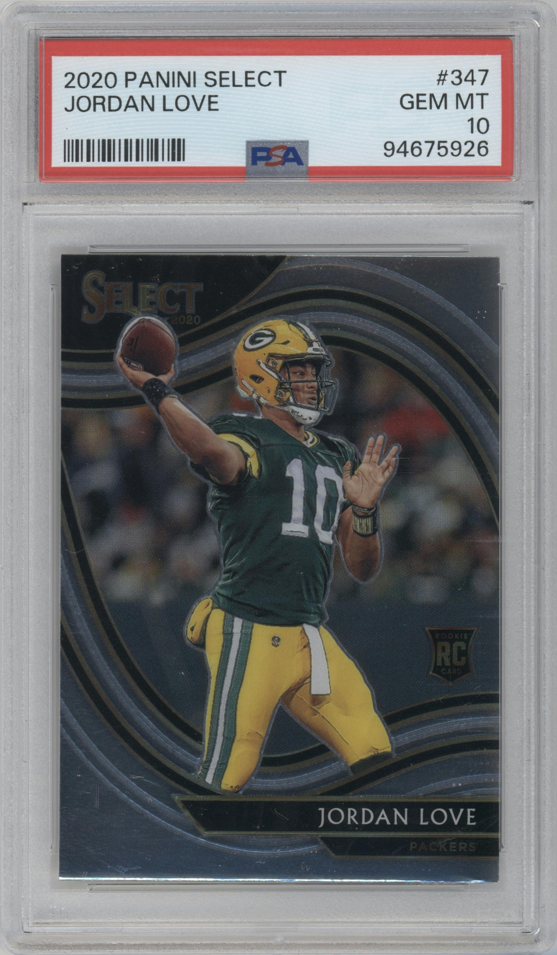 Jordan Love from the 2020 Panini Select set graded by PSA and given an overall grade of 10.