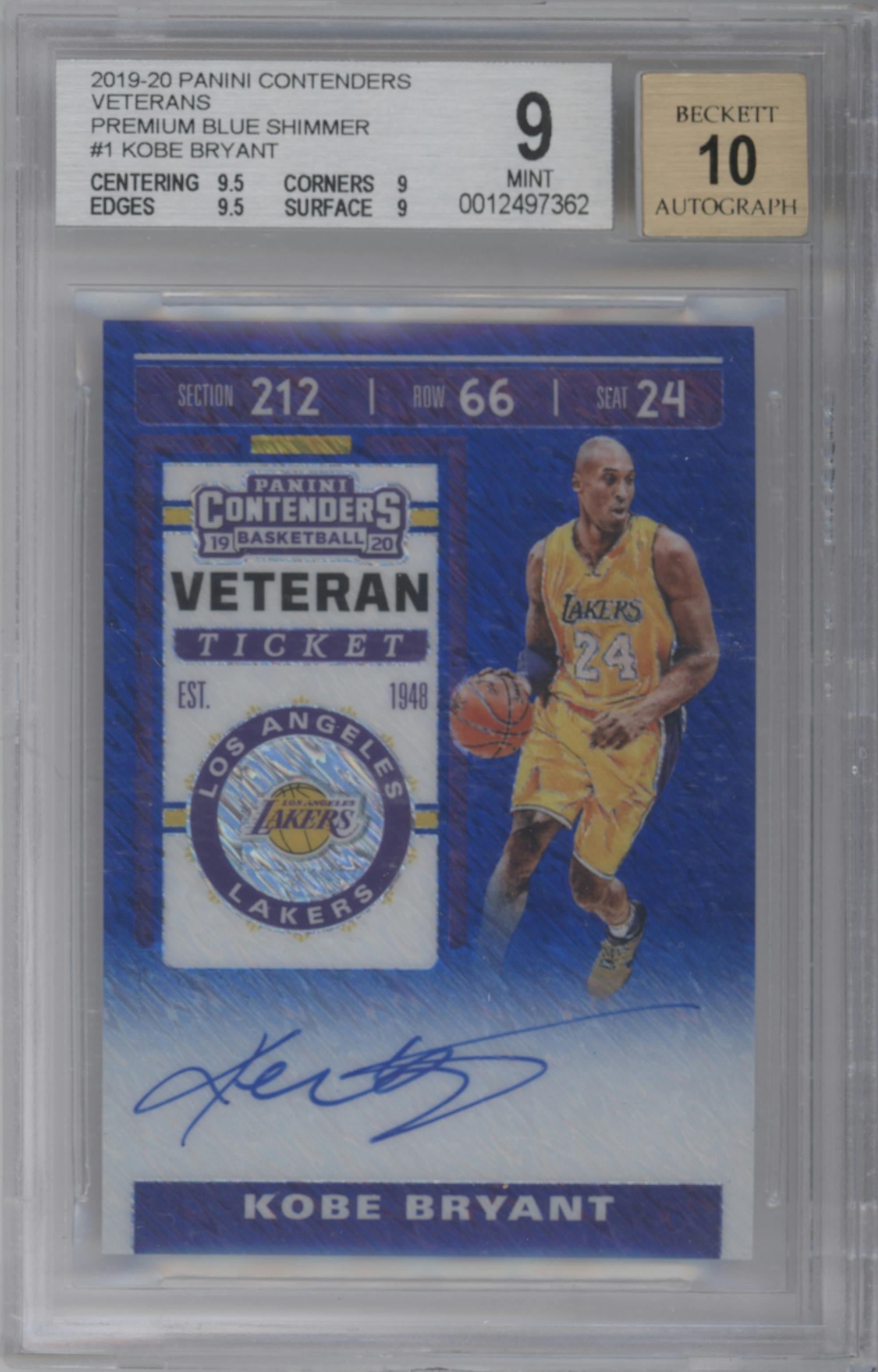 Kobe Bryant from the 2019-20 Panini Contenders set featuring a Premium Blue Shimmer parallel graded by Beckett and given an overall grade of 9.
