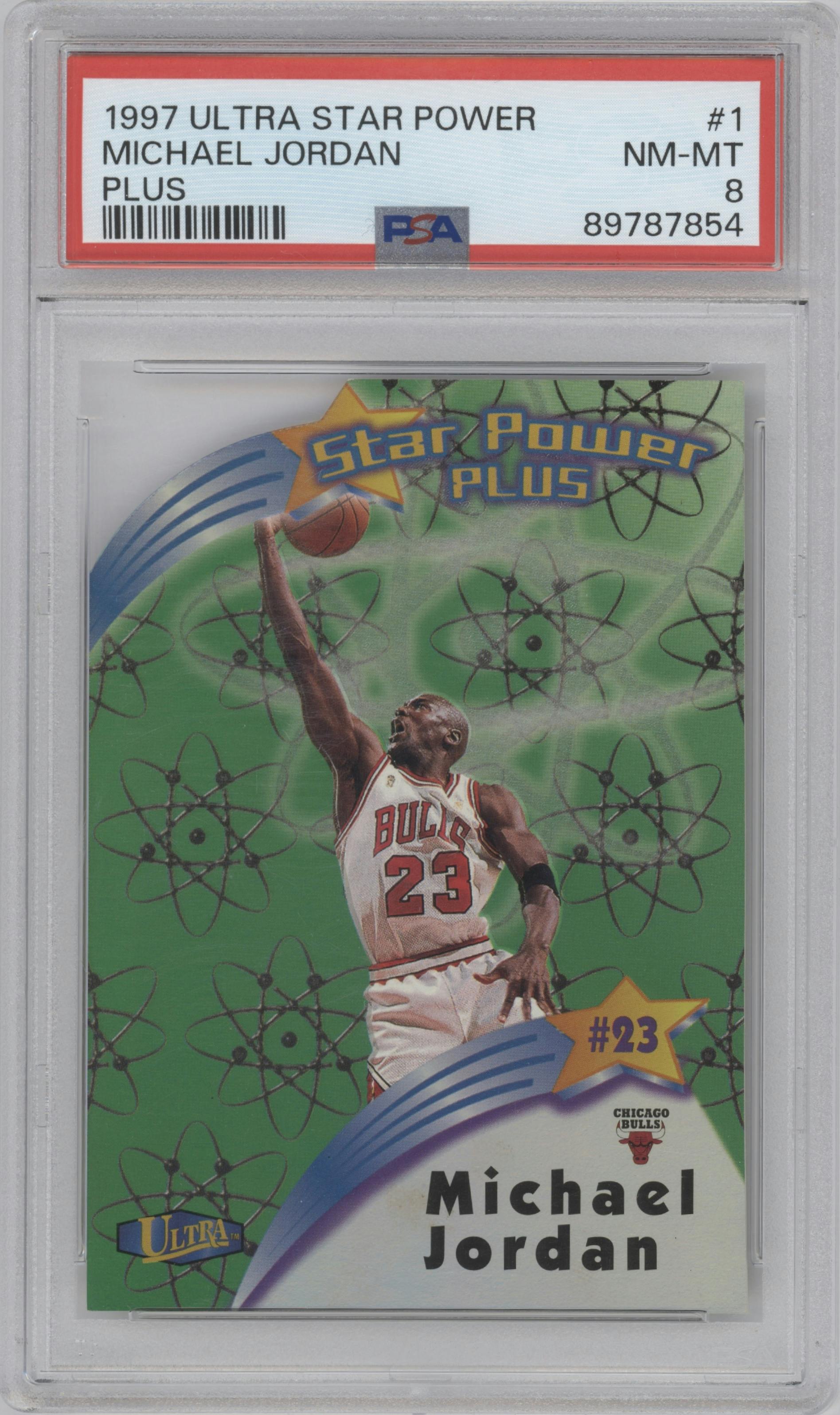Michael Jordan from the 1997-98 Fleer Ultra set featuring a Plus parallel graded by PSA and given an overall grade of 8.