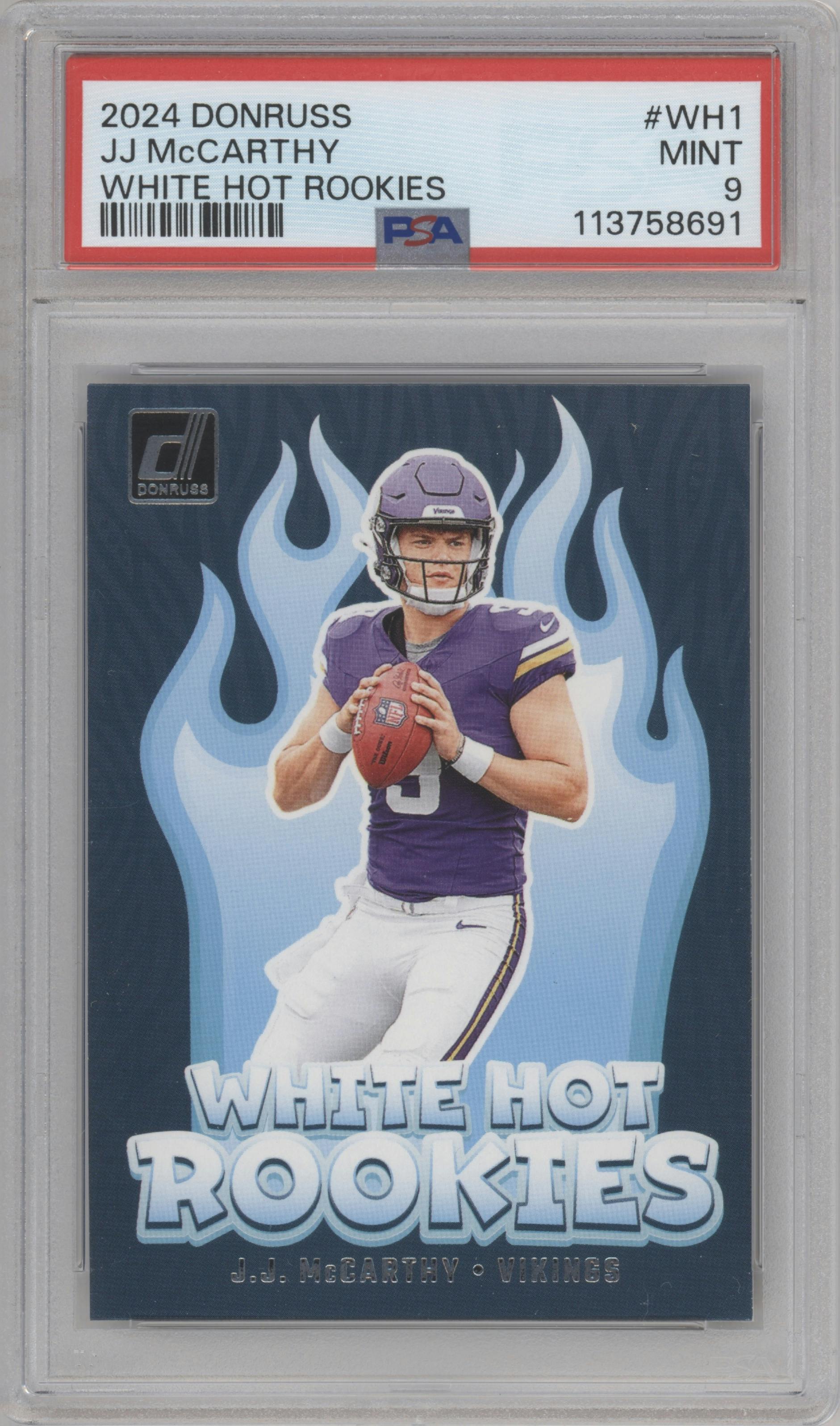 J.J. McCarthy from the 2024 Donruss set graded by PSA and given an overall grade of 9.