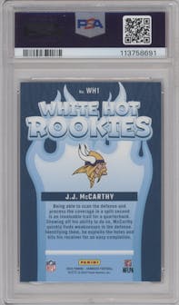 J.J. McCarthy from the 2024 Donruss set graded by PSA and given an overall grade of 9.