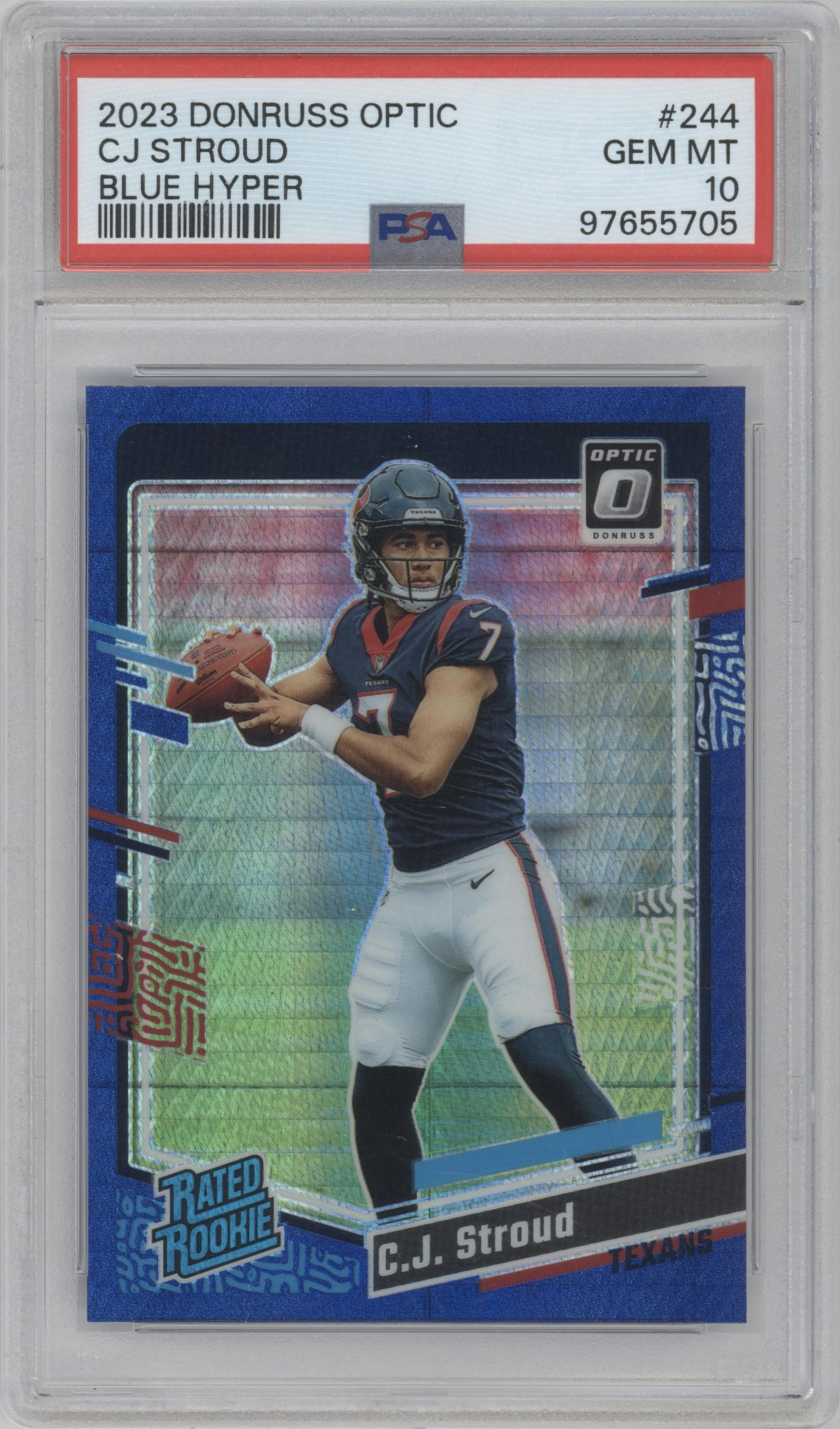 C.J. Stroud from the 2023 Donruss Optic set featuring a Blue Hyper parallel graded by PSA and given an overall grade of 10.