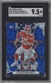 Patrick Mahomes II from the 2022 Panini Mosaic set featuring a No Huddle Blue parallel graded by SGC and given an overall grade of 9.5.