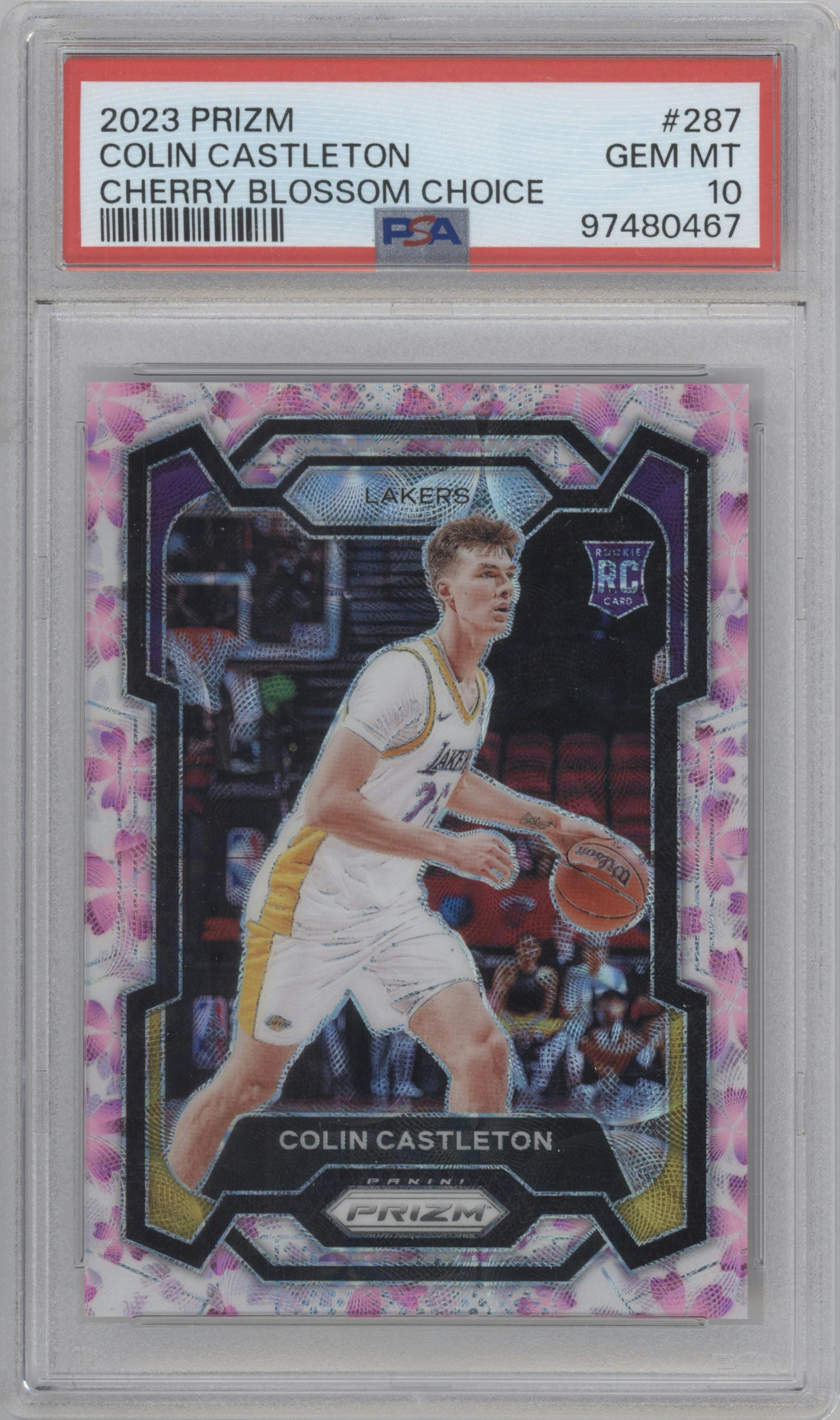 Colin Castleton from the 2023-24 Panini Prizm set featuring a Choice Cherry Blossom parallel graded by PSA and given an overall grade of 10.