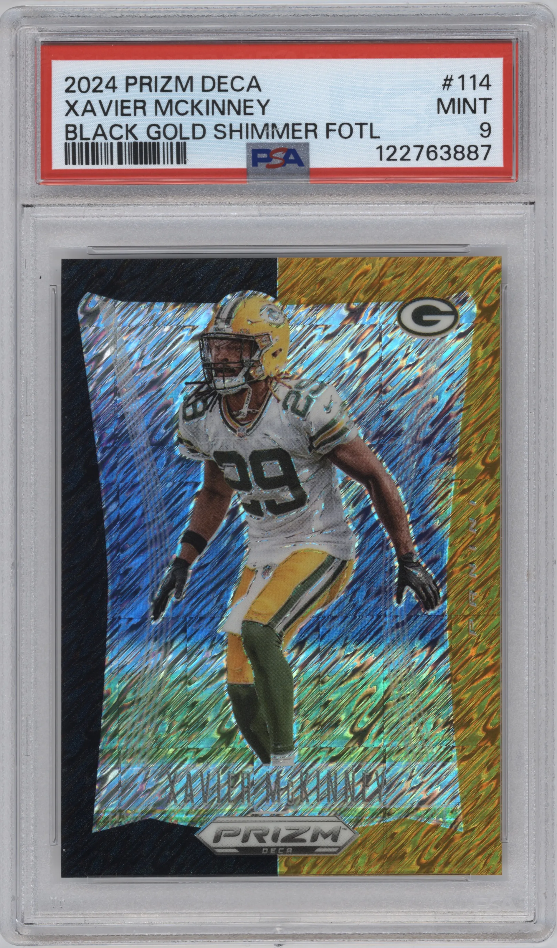 2024 Panini Prizm Deca Xavier McKinney Shimmer Black Gold Prizms FOTL #114 PSA 9