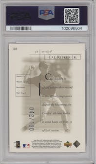 Cal Ripken Jr. from the 1998 SP Authentic set featuring a Titanium parallel graded by PSA and given an overall grade of 10.