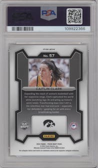 Caitlin Clark from the 2024 Panini Prizm Draft Picks set featuring a Silver parallel graded by PSA and given an overall grade of 9.
