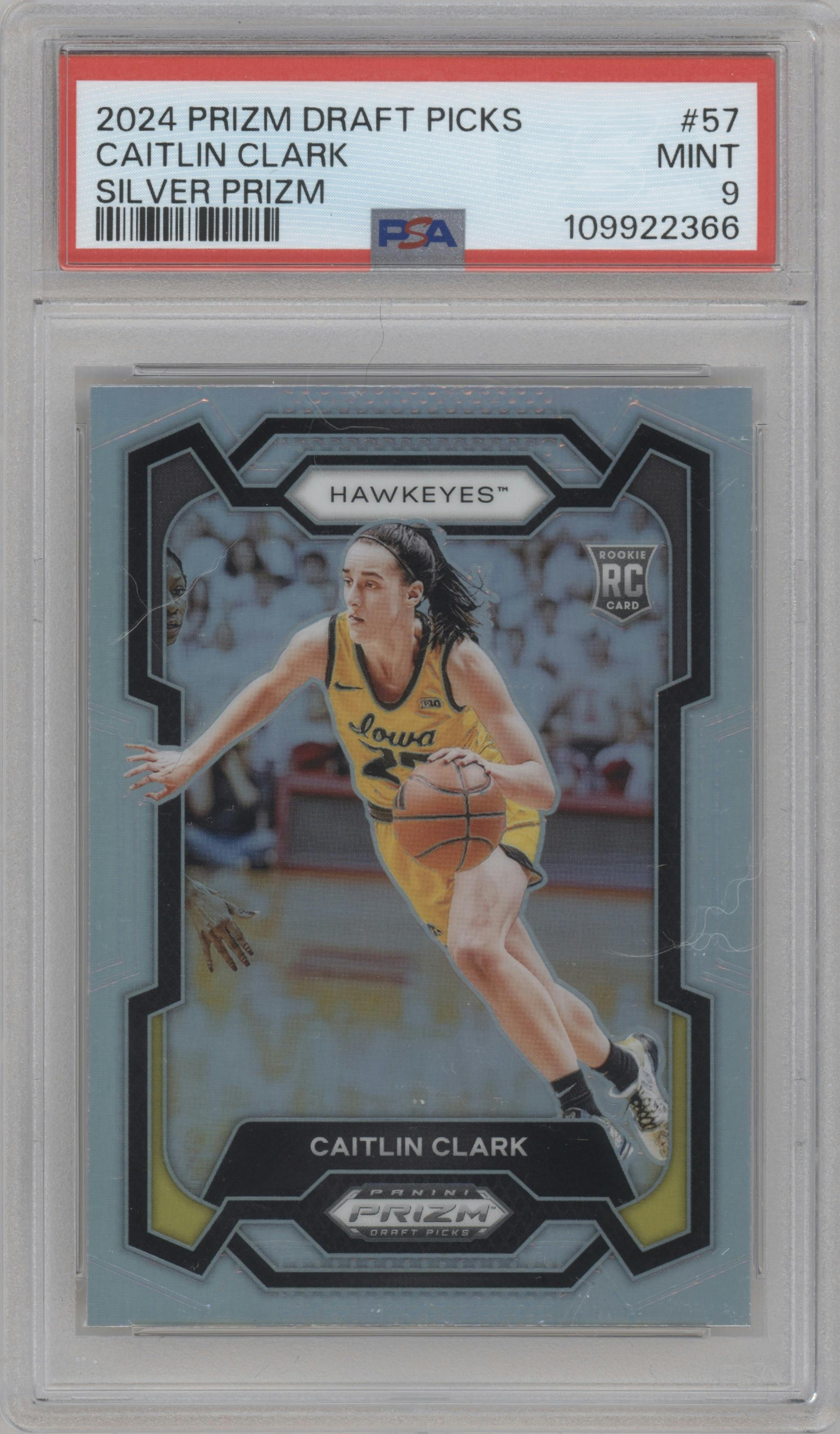 Caitlin Clark from the 2024 Panini Prizm Draft Picks set featuring a Silver parallel graded by PSA and given an overall grade of 9.