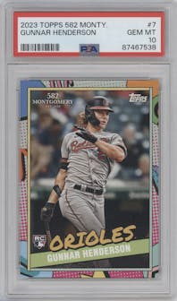 Gunnar Henderson from the 2023 Topps 582 Montgomery Club set graded by PSA and given an overall grade of 10.