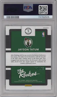 Jayson Tatum from the 2017-18 Panini Donruss Optic set featuring a Lime Green parallel graded by PSA and given an overall grade of 10.