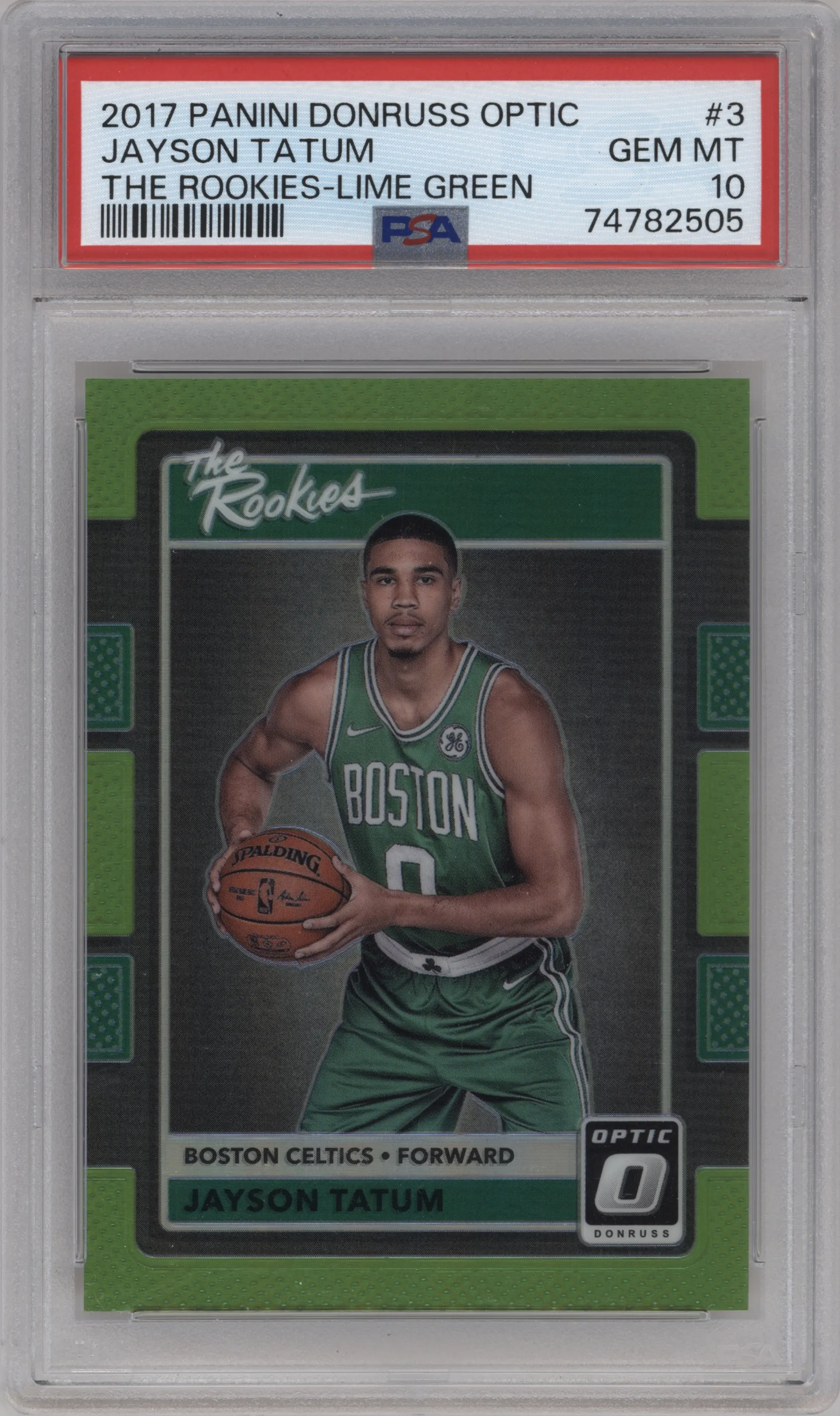 Jayson Tatum from the 2017-18 Panini Donruss Optic set featuring a Lime Green parallel graded by PSA and given an overall grade of 10.