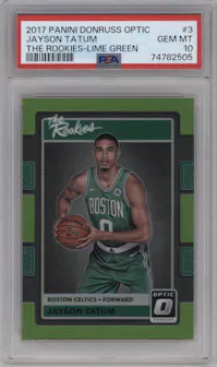 Jayson Tatum from the 2017-18 Panini Donruss Optic set featuring a Lime Green parallel graded by PSA and given an overall grade of 10.
