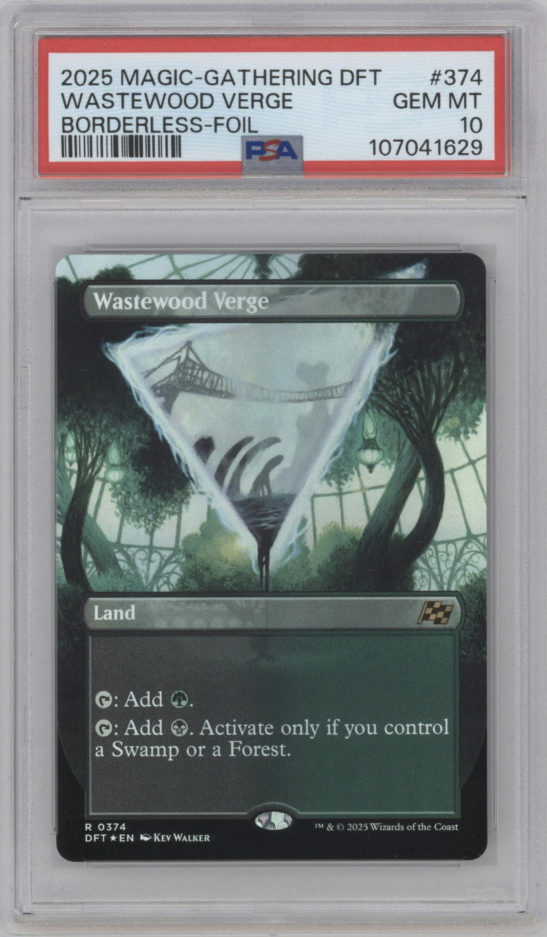 Wastewood Verge from the 2025 Magic-Gathering set featuring a Borderless Foil parallel graded by PSA and given an overall grade of 10.