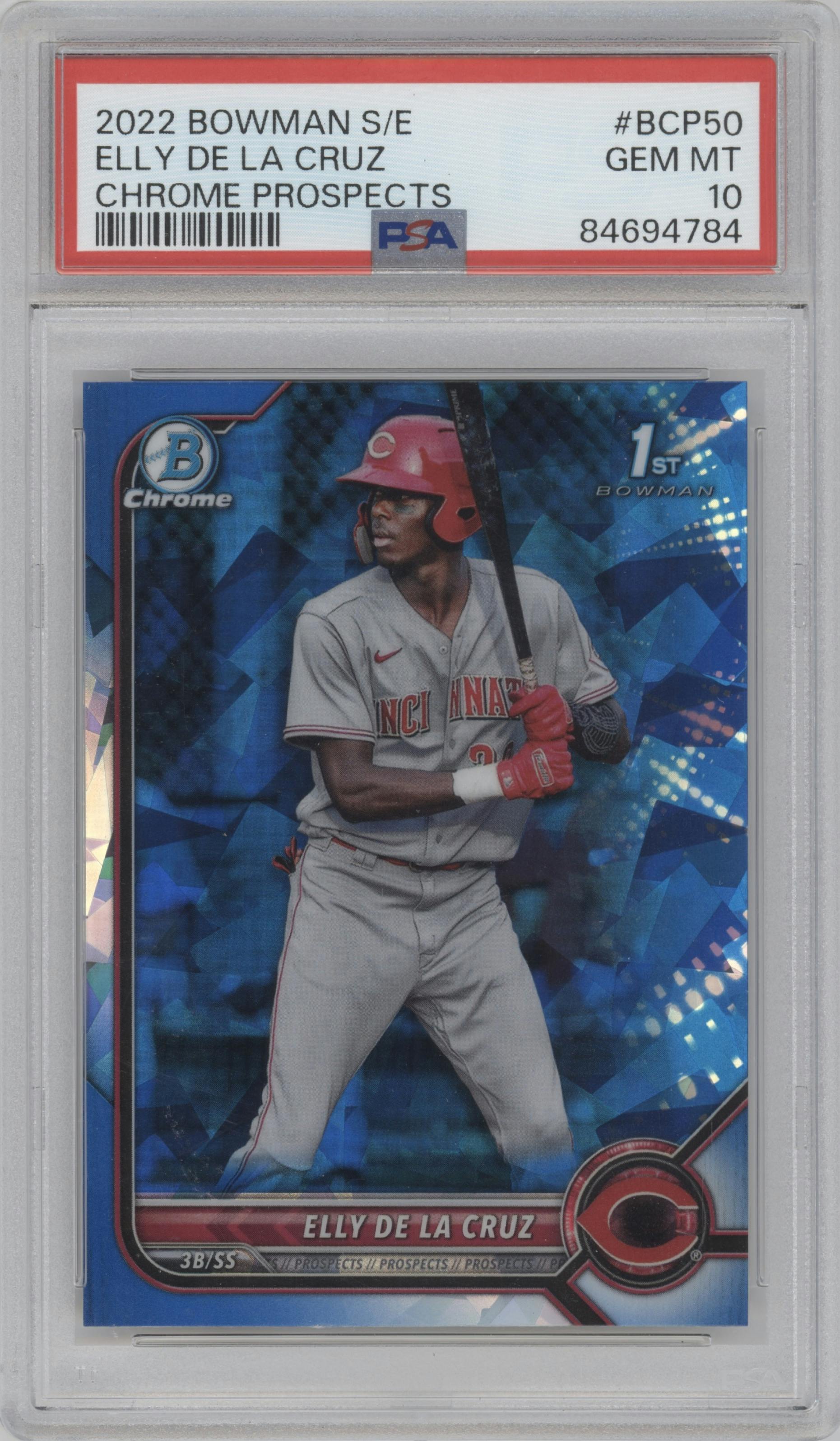 Elly De La Cruz from the 2022 Bowman Sapphire Edition set graded by PSA and given an overall grade of 10.