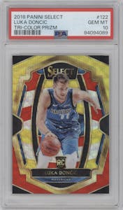 Luka Doncic from the 2018-19 Panini Select  set featuring a Tri-Color parallel graded by PSA and given an overall grade of 10.