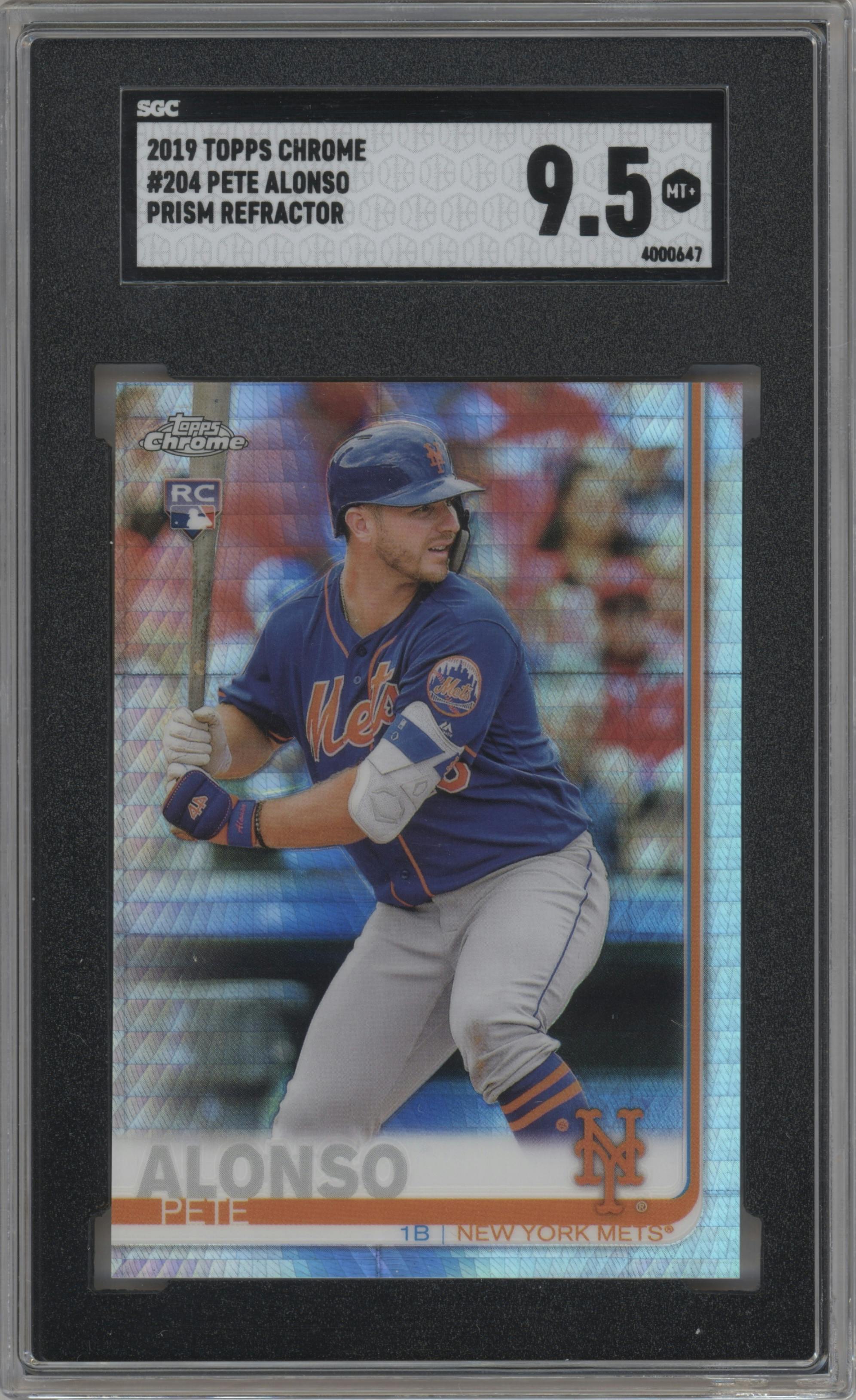 Pete Alonso from the 2019 Topps Chrome set featuring a Prism Refractor  parallel graded by SGC and given an overall grade of 9.5.