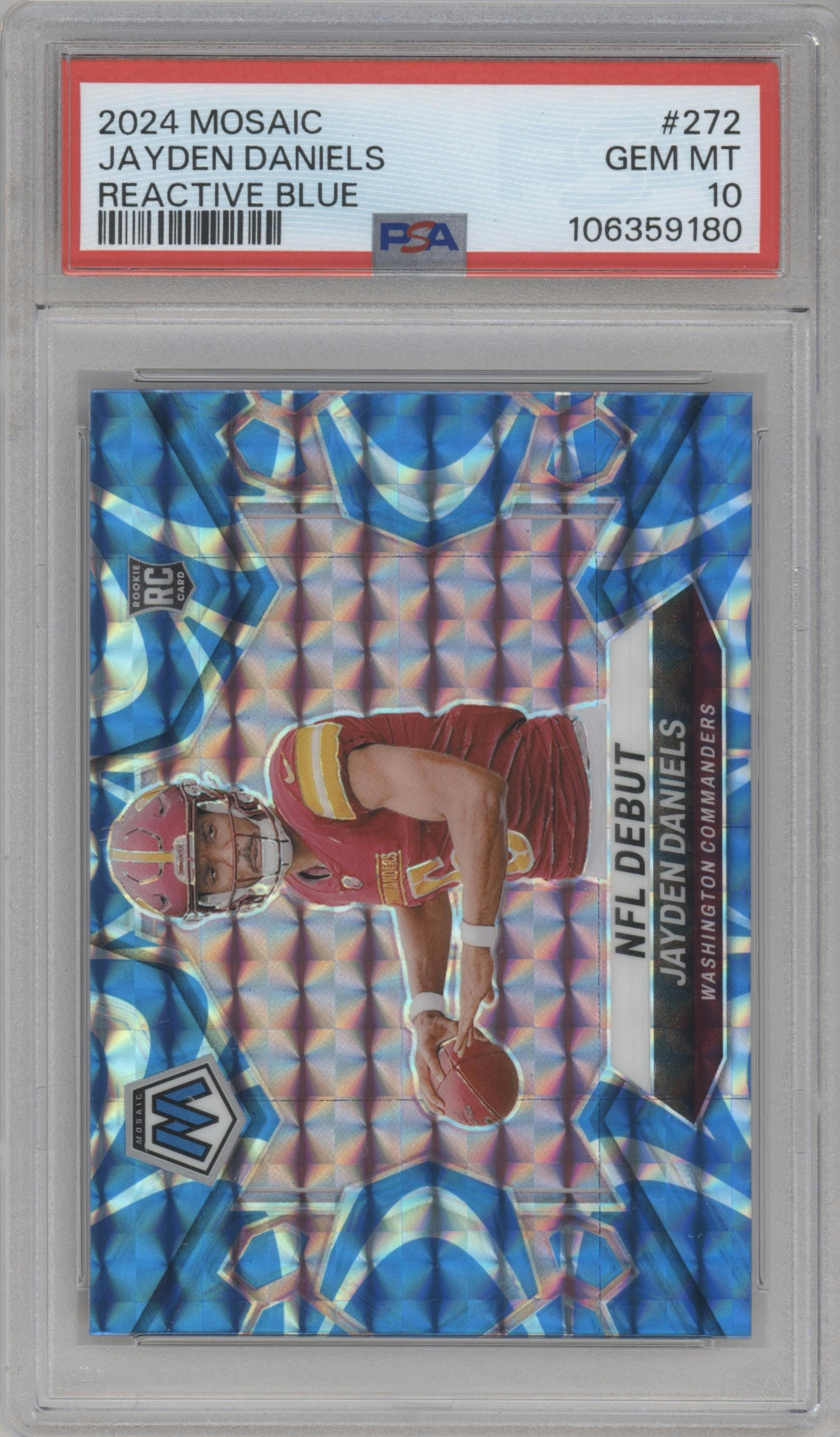 Jayden Daniels from the 2024 Panini Mosaic set featuring a Reactive Blue parallel graded by PSA and given an overall grade of 10.
