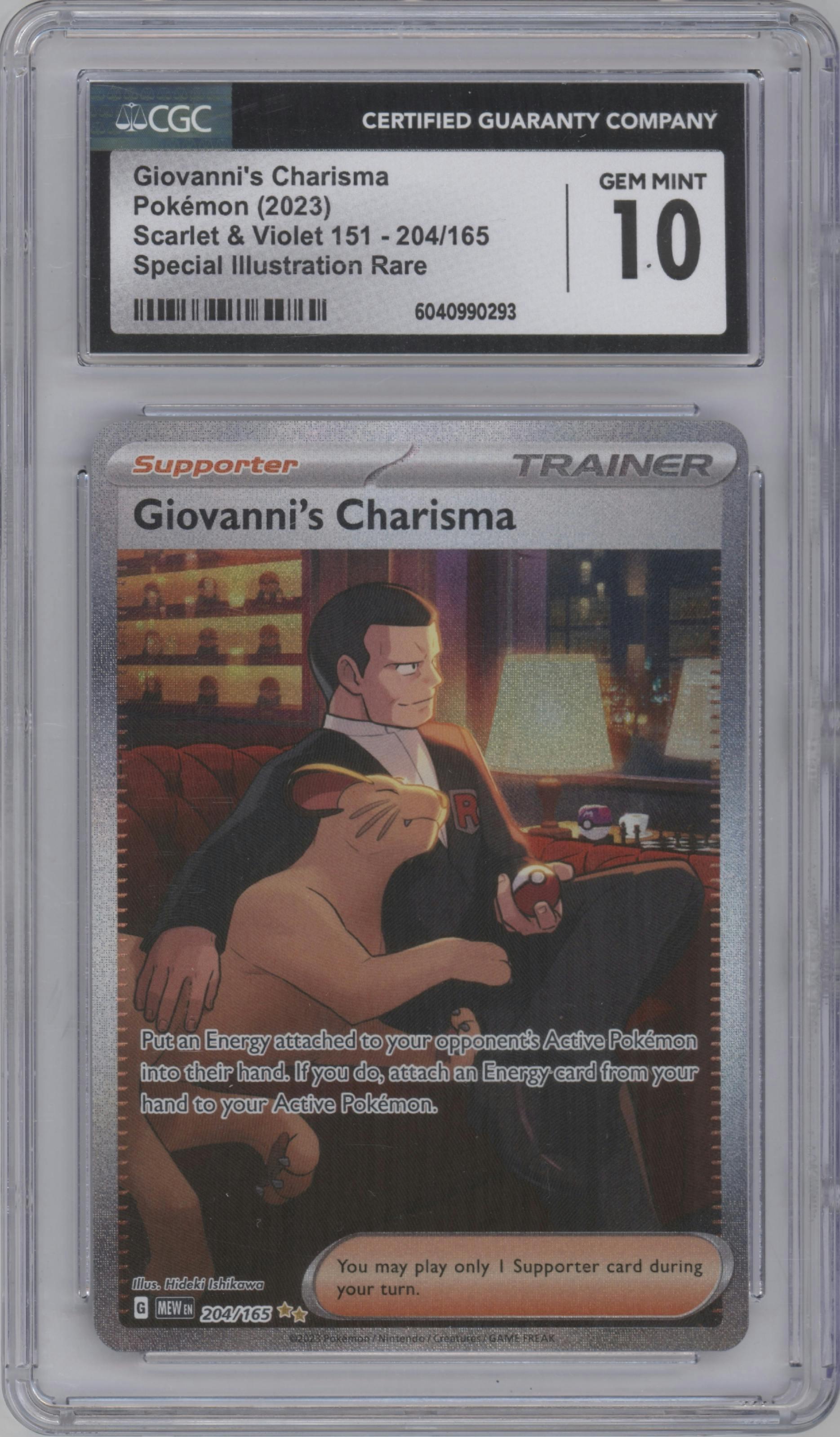 Giovanni's Charisma from the 2023 Pokemon SV set graded by CSG and given an overall grade of 10.