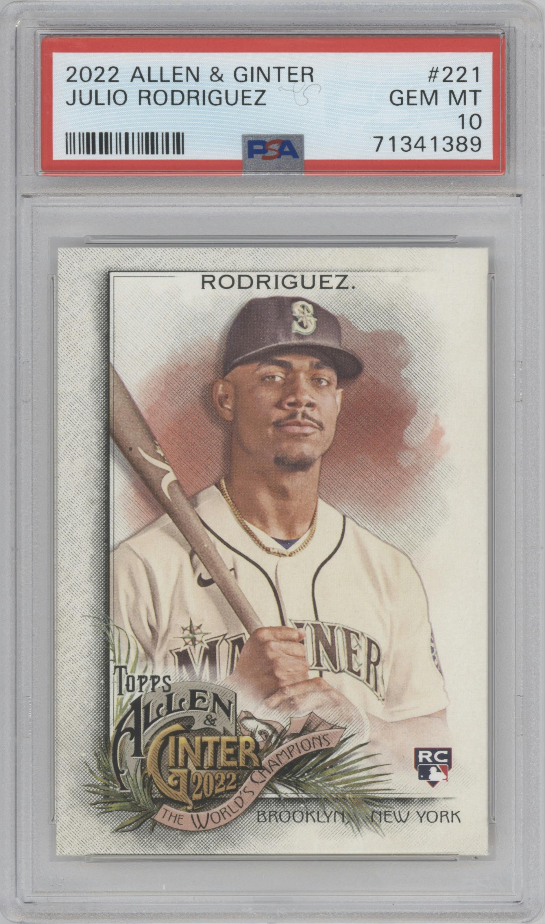 Julio Rodriguez from the 2022 Topps Allen & Ginter set graded by PSA and given an overall grade of 10.