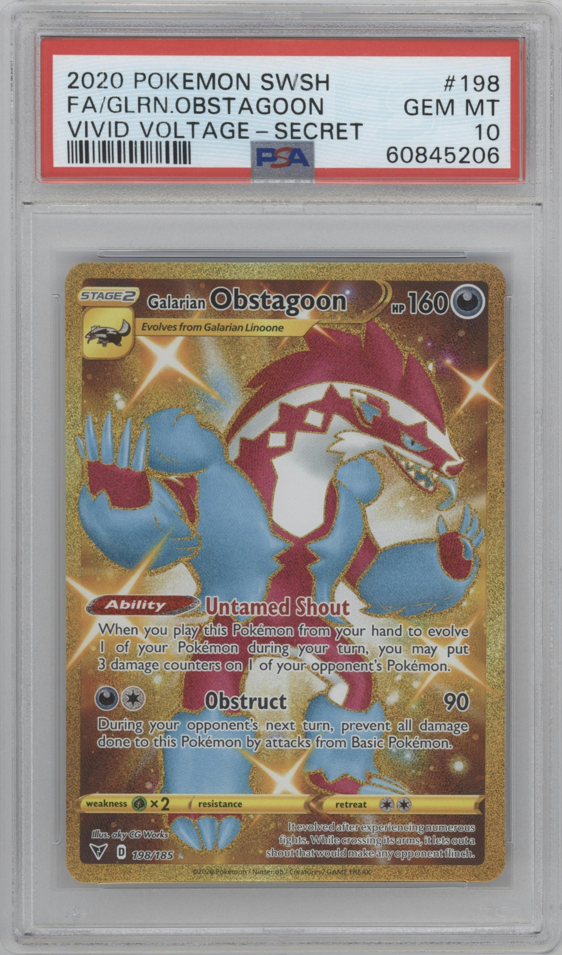 Galarian Obstagoon  from the 2020 Pokemon SWSH set graded by PSA and given an overall grade of 10.