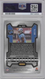 Jahmyr Gibbs from the 2023 Panini Prizm set featuring a Camo parallel graded by PSA and given an overall grade of 9.