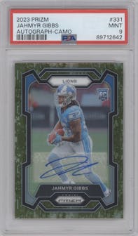 Jahmyr Gibbs from the 2023 Panini Prizm set featuring a Camo parallel graded by PSA and given an overall grade of 9.