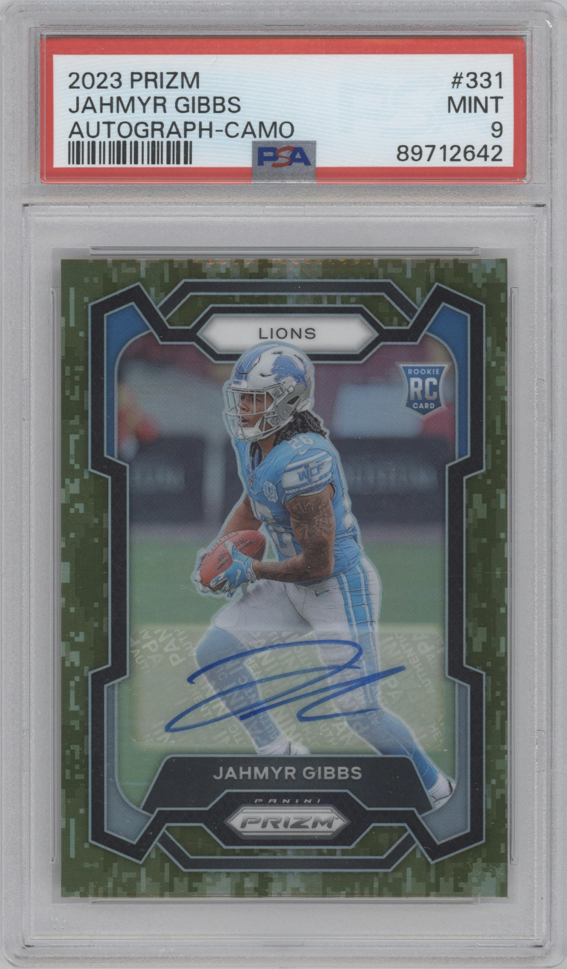 Jahmyr Gibbs from the 2023 Panini Prizm set featuring a Camo parallel graded by PSA and given an overall grade of 9.
