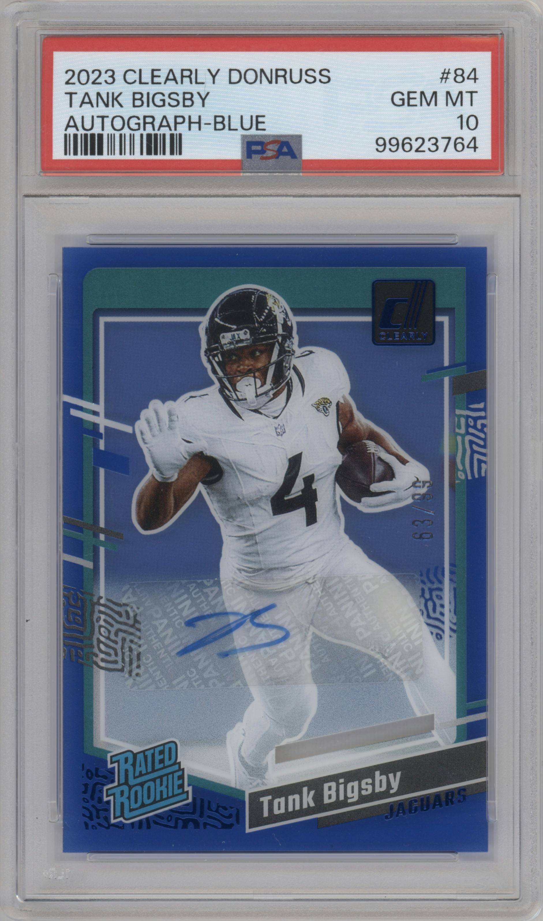 Tank Bigsby from the 2023 Clearly Donruss set featuring a Blue parallel graded by PSA and given an overall grade of 10.