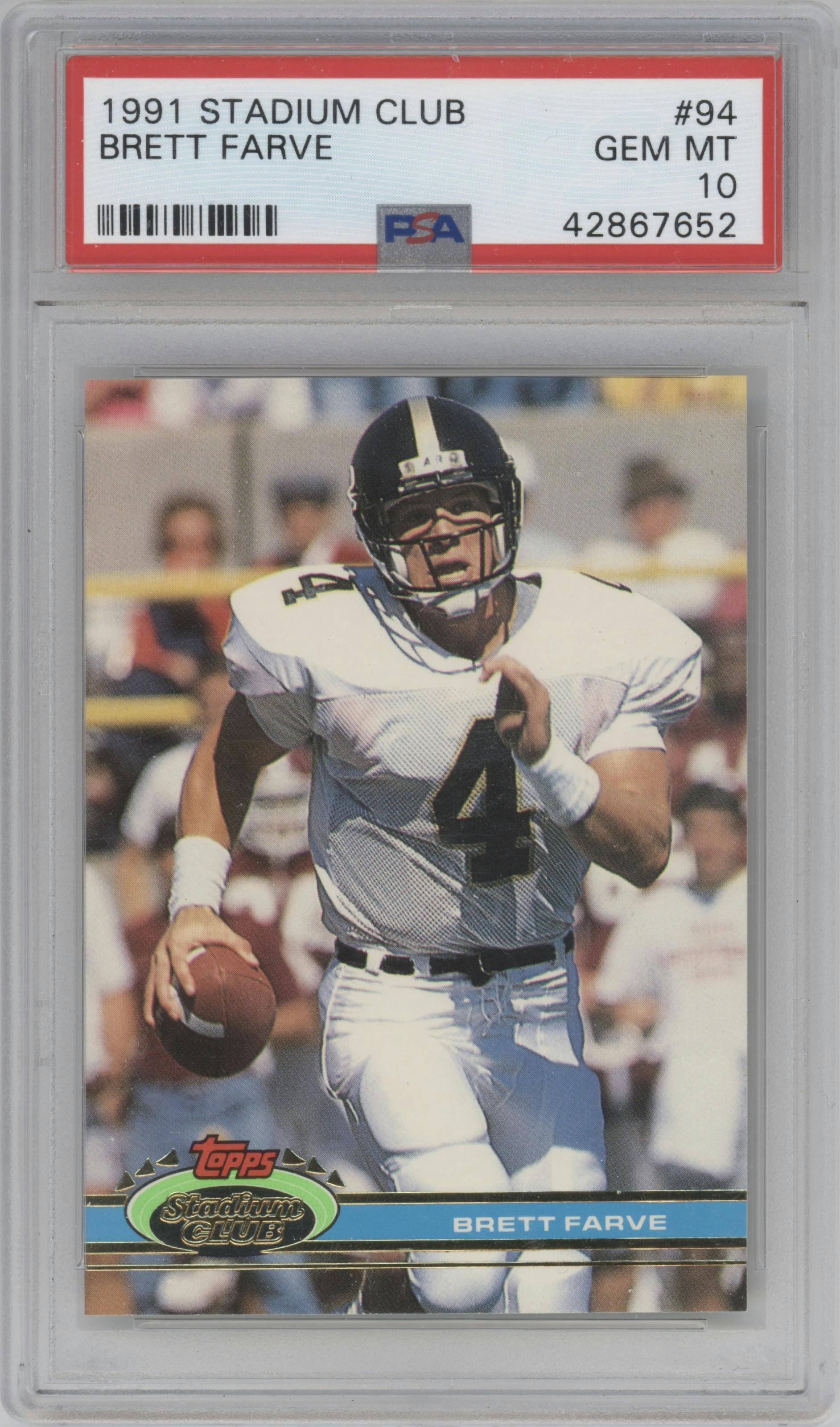 Brett Favre from the 1991 Topps Stadium Club set graded by PSA and given an overall grade of 10.