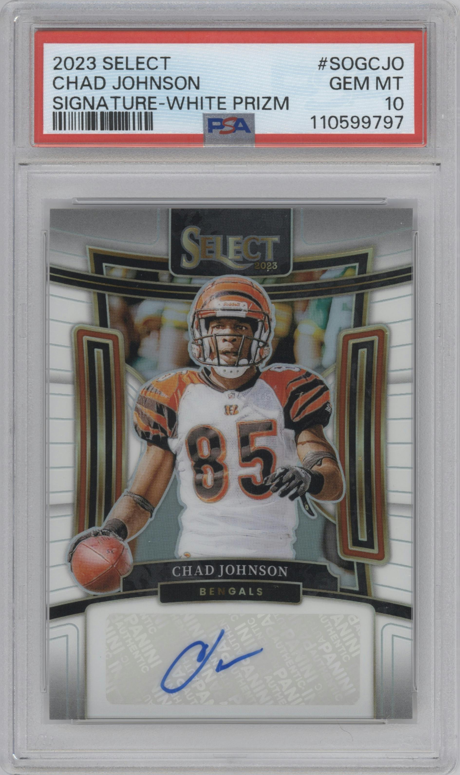 Chad Johnson from the 2023 Panini Select set featuring a White Prizm parallel graded by PSA and given an overall grade of 10.