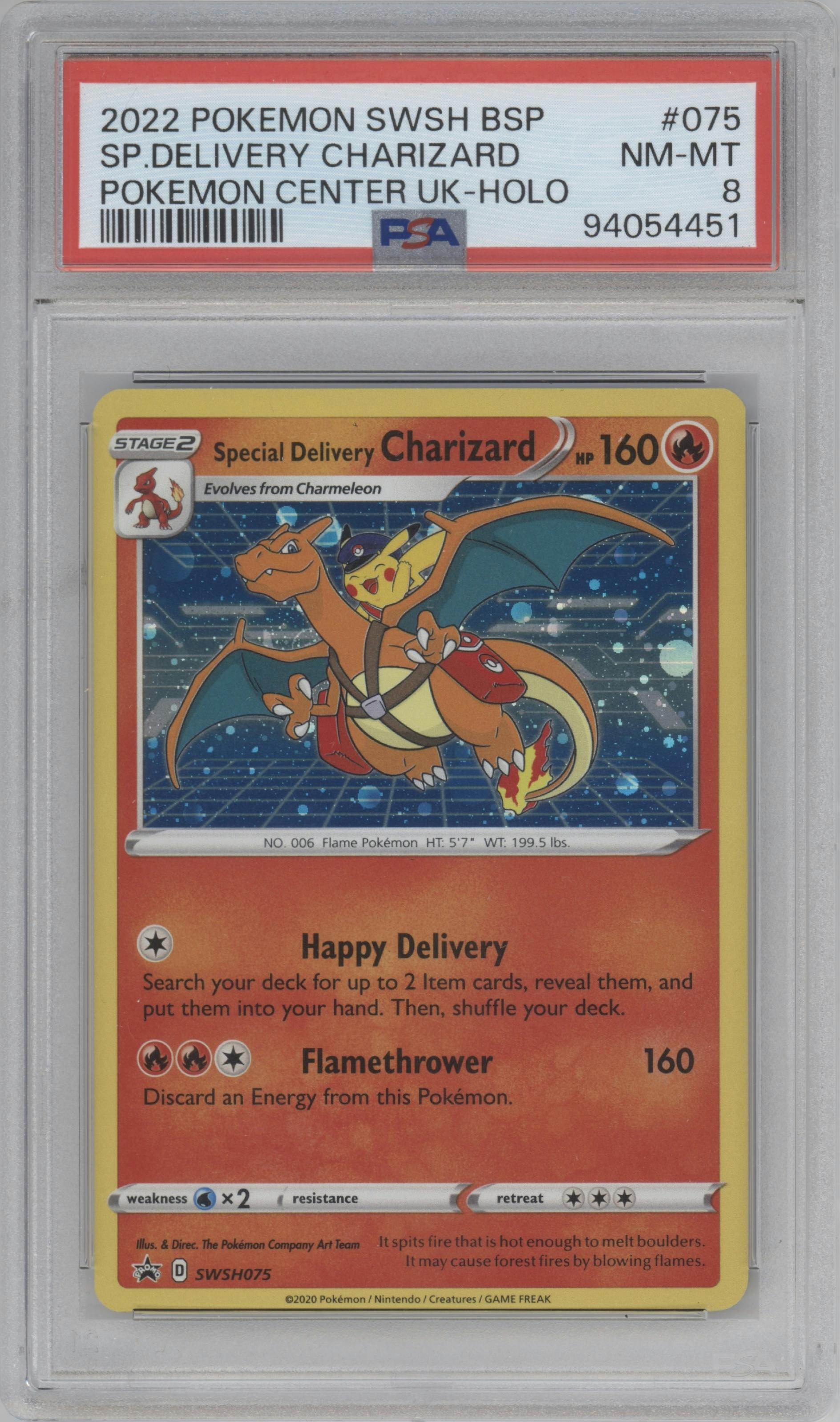 Special Delivery Charizard  from the 2022 Pokemon SWSH set featuring a Pokemon Center UK parallel graded by PSA and given an overall grade of 8.