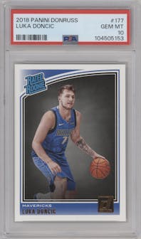 Luka Doncic from the 2018-19 Panini Donruss  set graded by PSA and given an overall grade of 10.