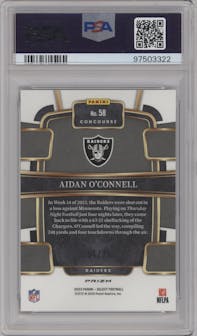 Aidan O'Connell from the 2023 Panini Select set featuring a Tie-Dye parallel graded by PSA and given an overall grade of 10.