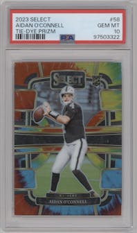 Aidan O'Connell from the 2023 Panini Select set featuring a Tie-Dye parallel graded by PSA and given an overall grade of 10.