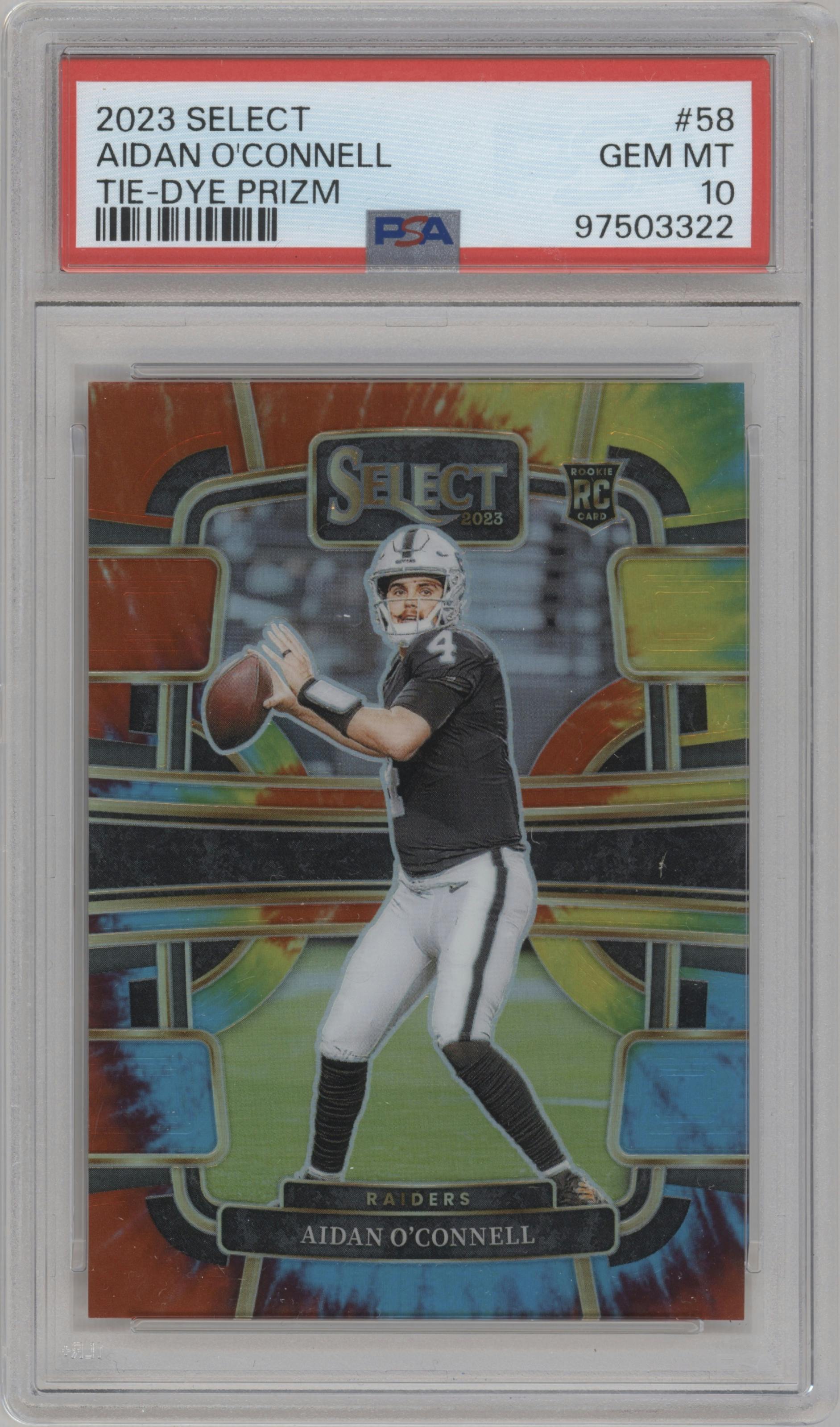 Aidan O'Connell from the 2023 Panini Select set featuring a Tie-Dye parallel graded by PSA and given an overall grade of 10.
