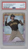 Jackson Merrill from the 2021 Bowman’s Best set featuring a Refractor parallel graded by PSA and given an overall grade of 10.