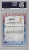Jackson Merrill from the 2021 Bowman’s Best set featuring a Refractor parallel graded by PSA and given an overall grade of 10.