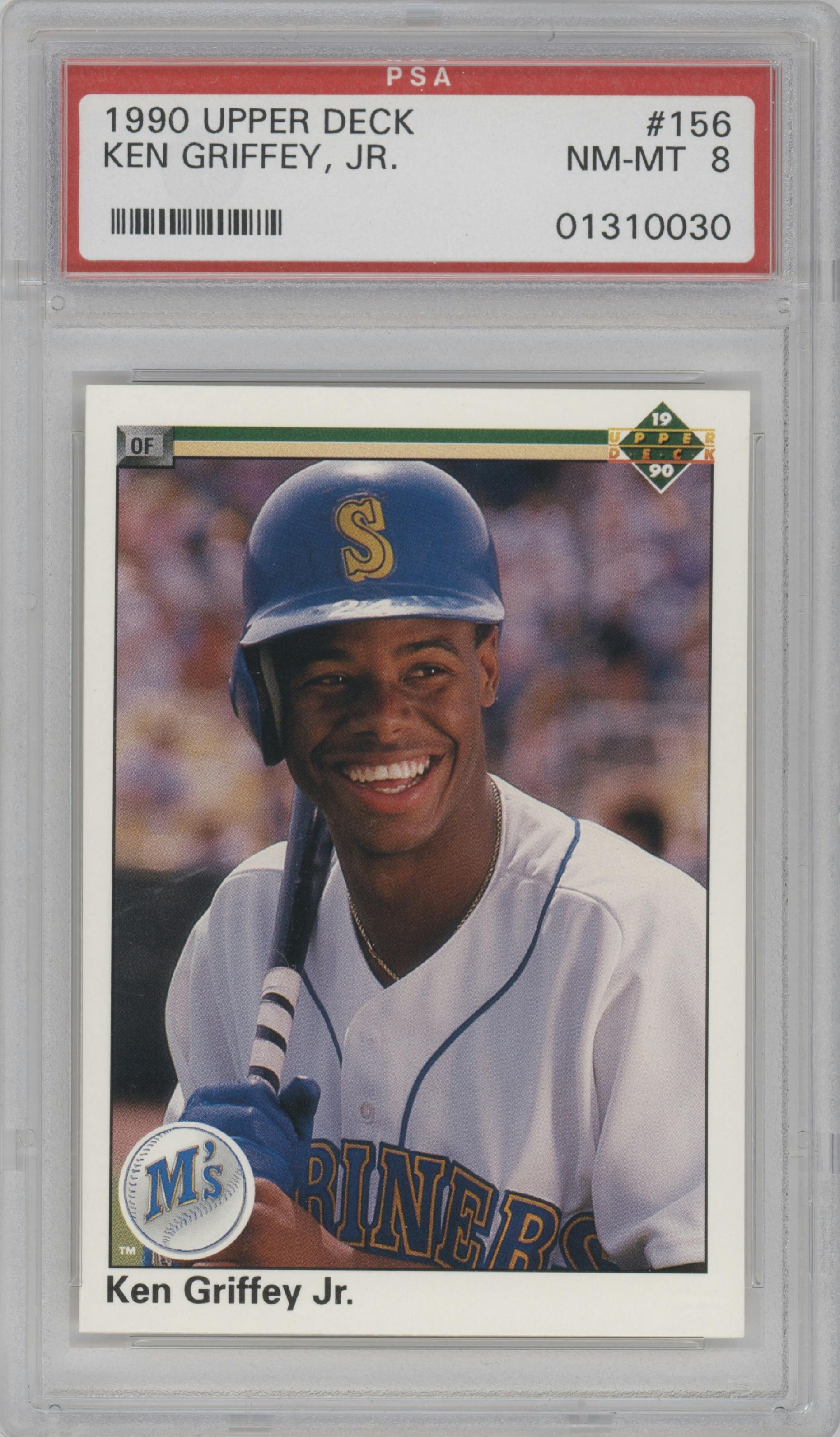 Ken Griffey Jr. from the 1990 Upper Deck set graded by PSA and given an overall grade of 8.
