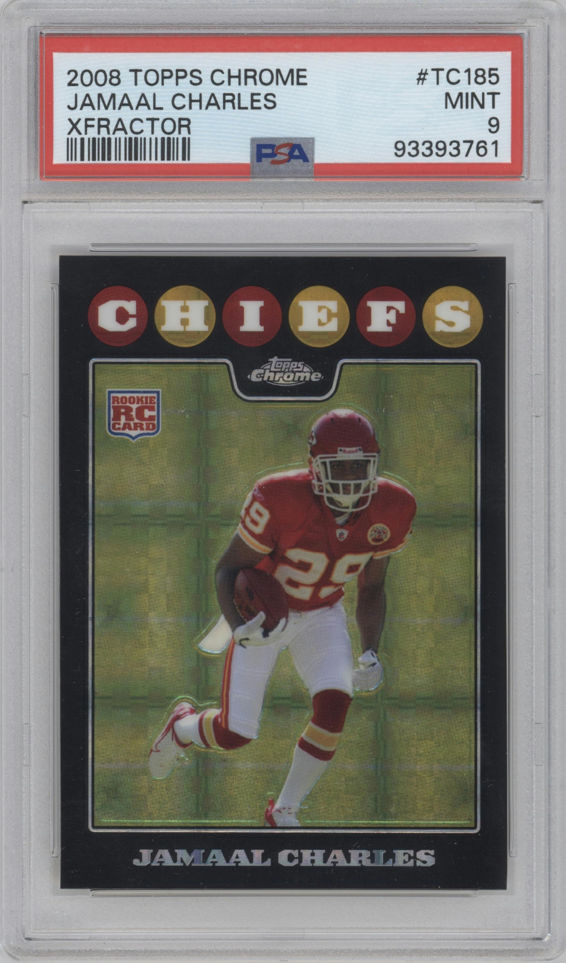 Jamaal Charles from the 2008 Topps Chrome set featuring a Xfractor parallel graded by PSA and given an overall grade of 9.