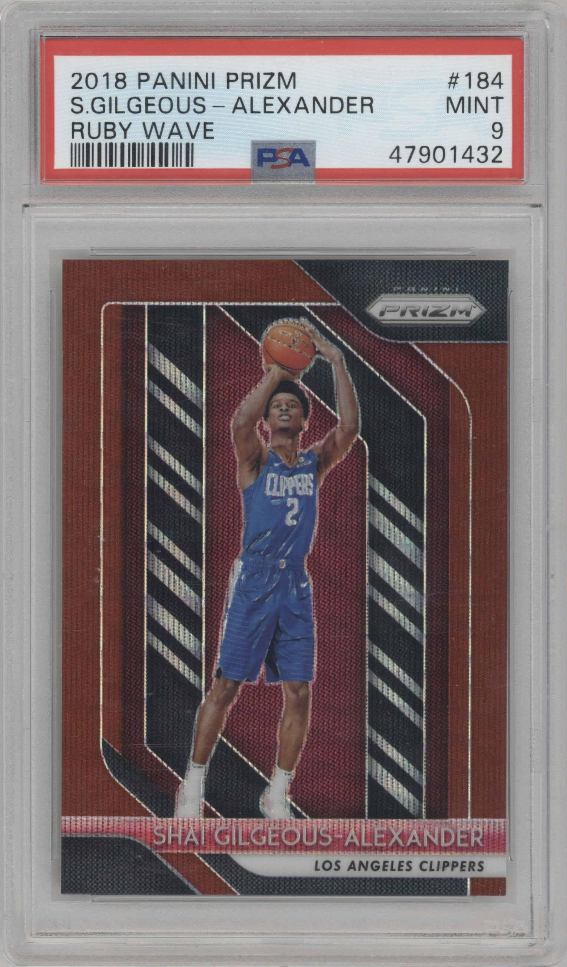 Shai Gilgeous-Alexander from the 2018-19 Panini Prizm set featuring a Ruby Wave parallel graded by PSA and given an overall grade of 9.