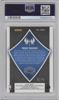 Franz Wagner from the 2021-22 Panini Chronicles set featuring a 75th Anniversary parallel graded by PSA and given an overall grade of 8.5.