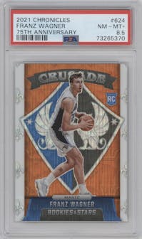Franz Wagner from the 2021-22 Panini Chronicles set featuring a 75th Anniversary parallel graded by PSA and given an overall grade of 8.5.