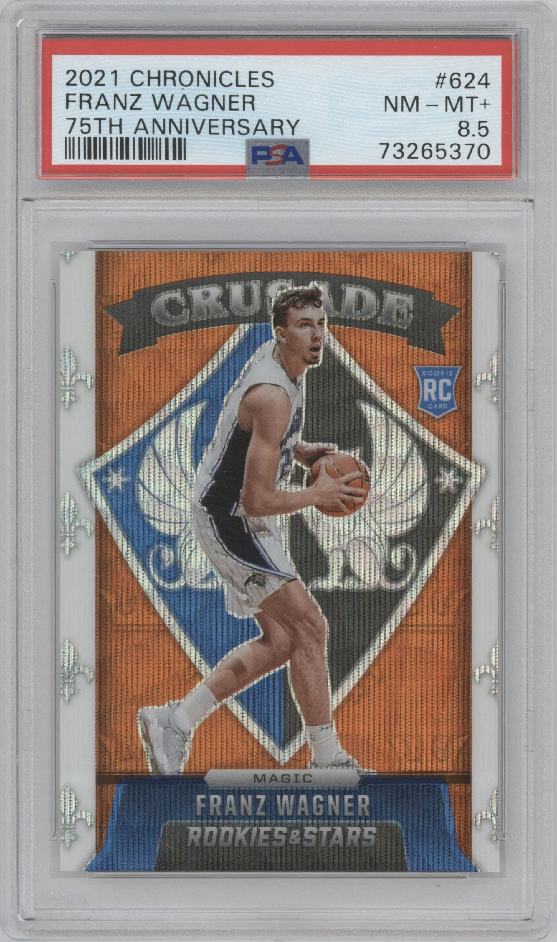 Franz Wagner from the 2021-22 Panini Chronicles set featuring a 75th Anniversary parallel graded by PSA and given an overall grade of 8.5.