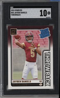 Jayden Daniels from the 2024 Donruss set graded by SGC and given an overall grade of 10.