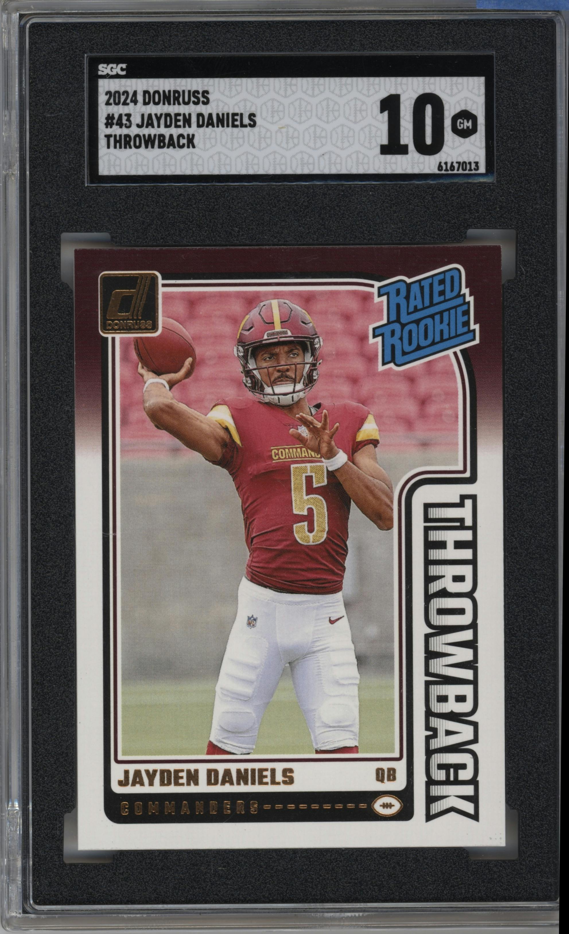 Jayden Daniels from the 2024 Donruss set graded by SGC and given an overall grade of 10.