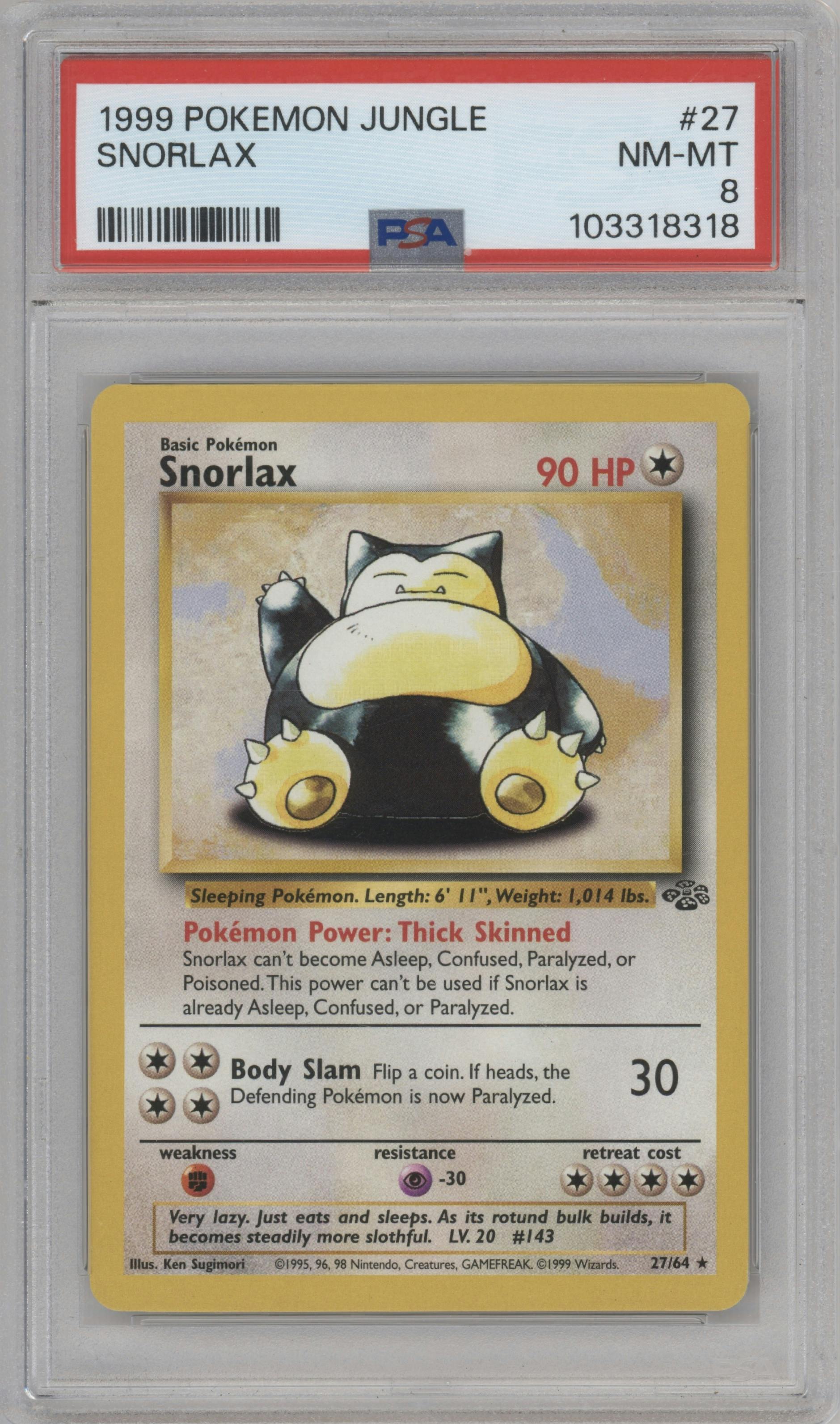Snorlax from the 1999 Pokemon set graded by PSA and given an overall grade of 8.